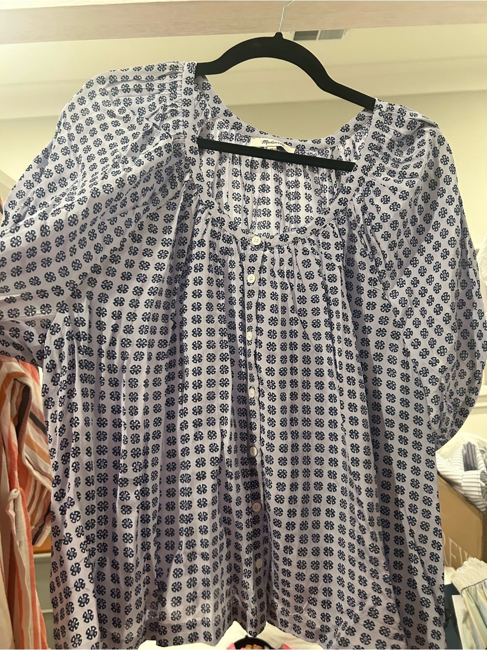 Madewell Navy and White Floral-Print Peasant Blouse